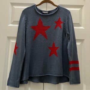 Wooden Ships Stars and Stripes Sweater USA Patriotic Blue Red Cotton Blend M/L